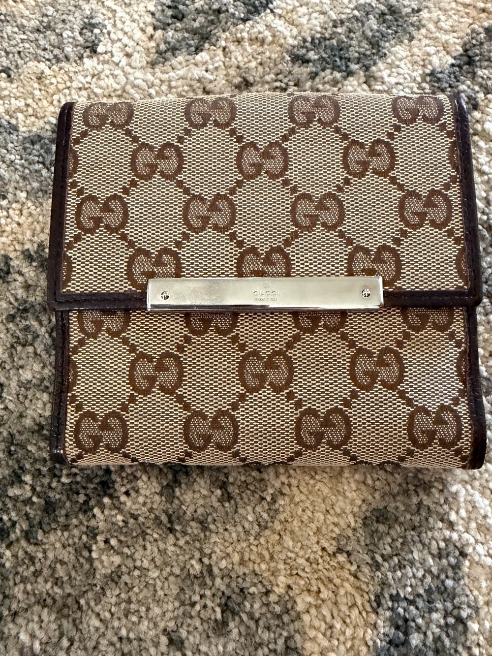 Gucci Brown and Beige GG Canvas Fold Wallet with Metal Plaque